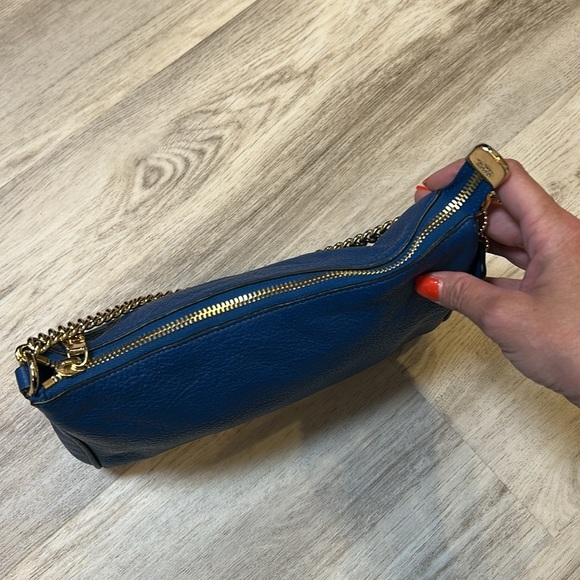 Coach Carrier Blue Pebbled Leather Mini Shoulder Bag With Luxe Gold Chain Strap - Picture 8 of 12